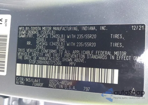 2022 Toyota Highlander Platinum из США, поврежденный, VIN 5TDFZRBHXNS175366